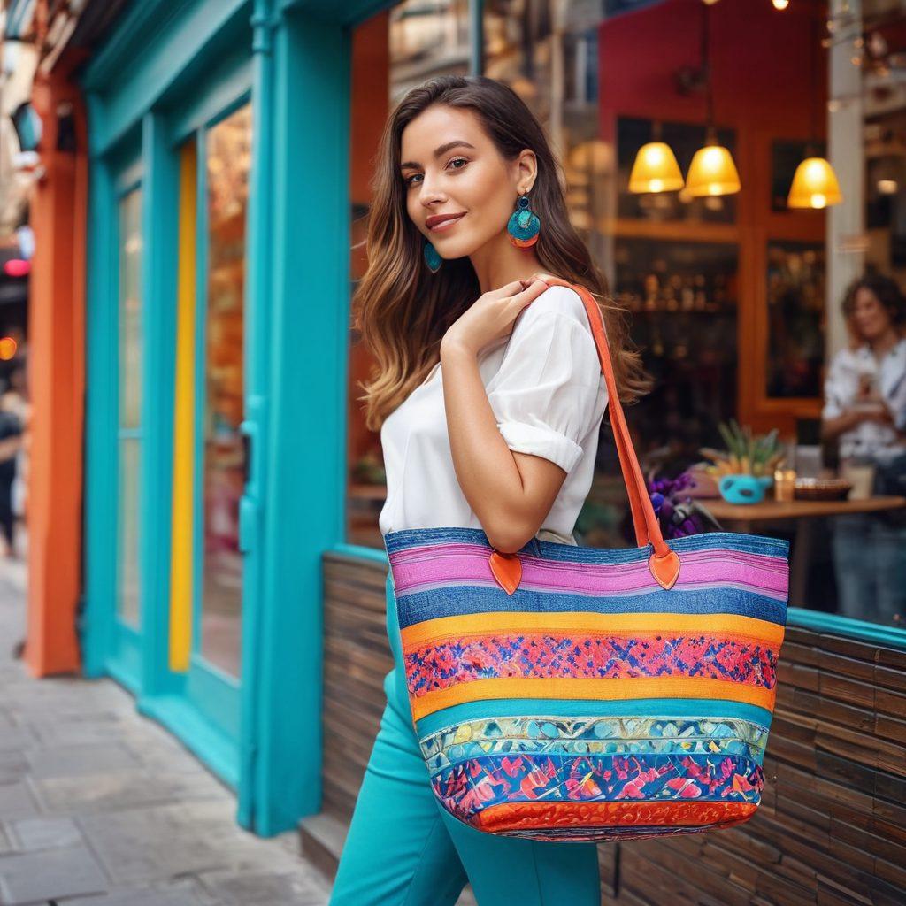 A fashionable woman holding a vibrant tote bag filled with colorful accessories, standing in a trendy urban setting. The backdrop features a stylish café with fashionable people around, embodying different moods. A close-up of the tote bag showcases unique patterns and textures. Bright, joyful colors enhance the overall atmosphere of fashion and self-expression. super-realistic. vibrant colors. urban background.