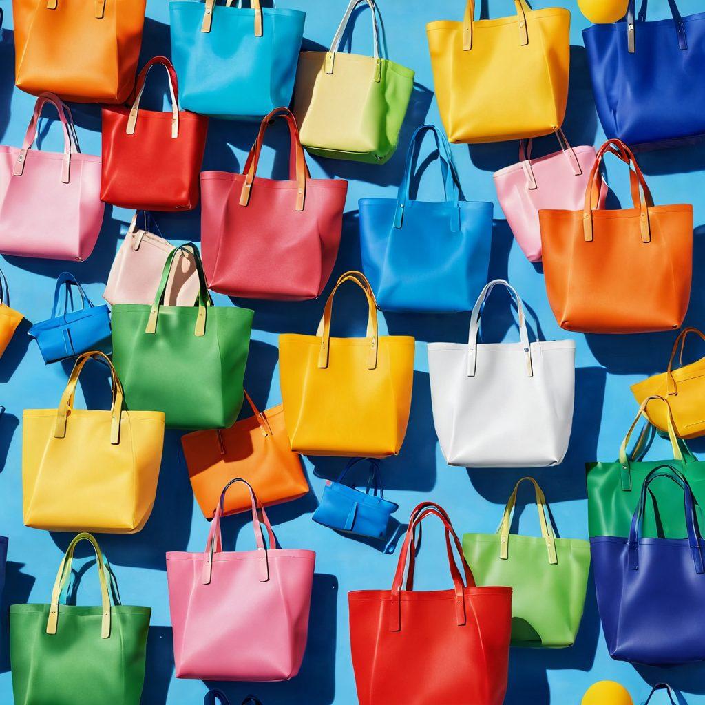 A vibrant scene depicting a variety of stylish tote bags in different colors and designs, arranged playfully on a sunny background. Include a diverse group of people joyfully interacting with their totes, showcasing different moods and occasions, such as shopping, a day at the beach, and a picnic in the park. Emphasize a sense of happiness and freedom in their expressions. super-realistic. vibrant colors. sunny background.